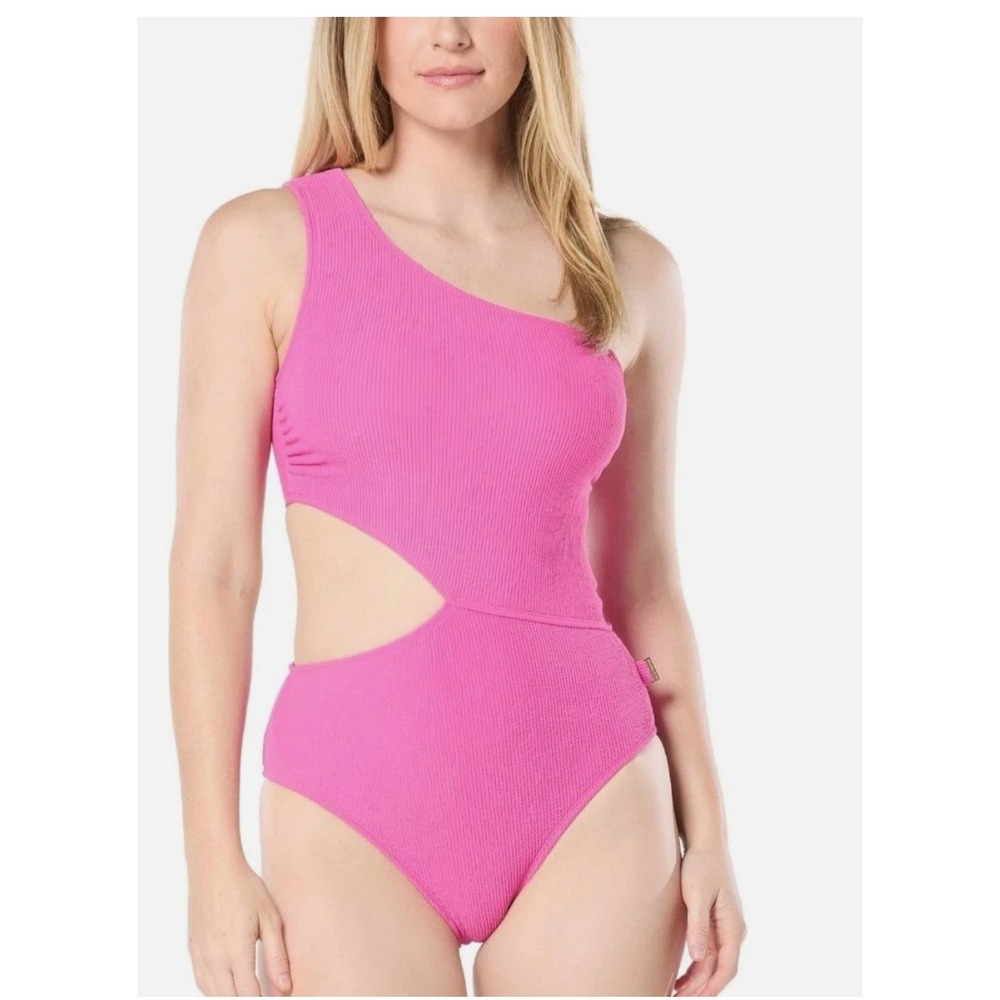 Michael Kors One Shoulder Cutout Swimsuit Cerise Pink Ribbed MM7Y827 Size 14 NWT